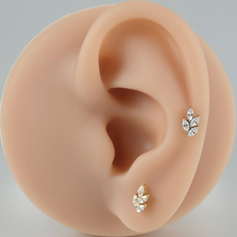 ASTM F136 Titanium 16G 4 Marquise CZ Leaf Threadless Labret Cartilage Tragus Ear Hypoallergenic Piercing Jewelry