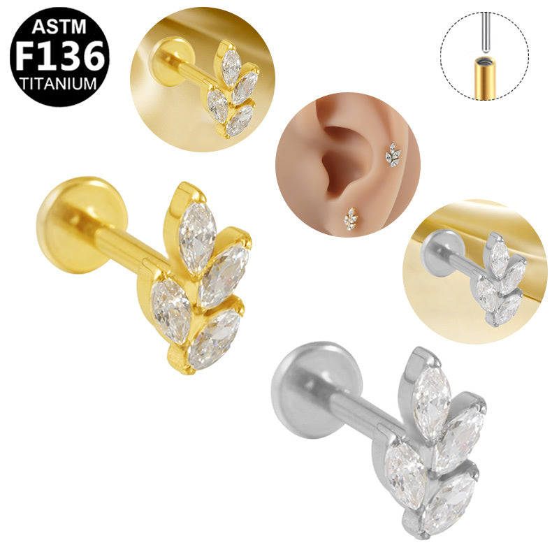 ASTM F136 Titanium 16G 4 Marquise CZ Leaf Threadless Labret Cartilage Tragus Ear Hypoallergenic Piercing Jewelry