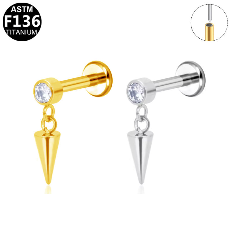 ASTM F136 Titanium 16G Spike Dangle CZ Threadless Labret Cartilage Tragus Hypoallergenic Piercing Jewelry