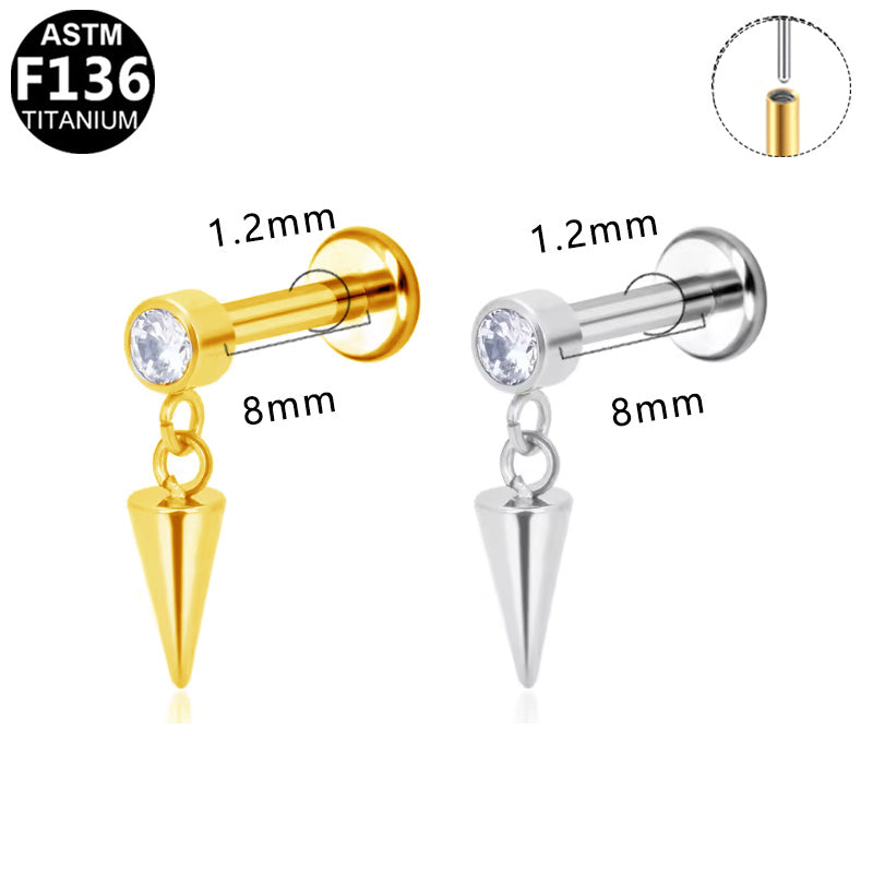 ASTM F136 Titanium 16G Spike Dangle CZ Threadless Labret Cartilage Tragus Hypoallergenic Piercing Jewelry