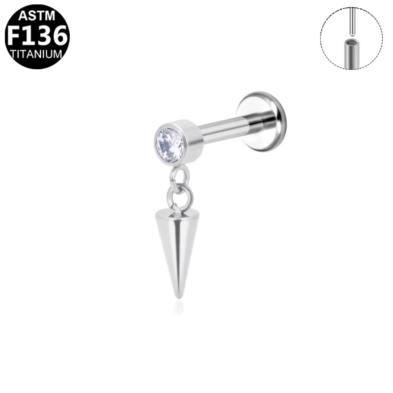 ASTM F136 Titanium 16G Spike Dangle CZ Threadless Labret Cartilage Tragus Hypoallergenic Piercing Jewelry