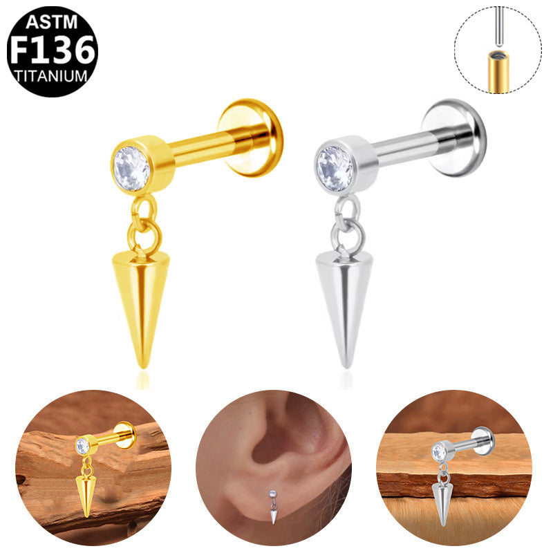 ASTM F136 Titanium 16G Spike Dangle CZ Threadless Labret Cartilage Tragus Hypoallergenic Piercing Jewelry