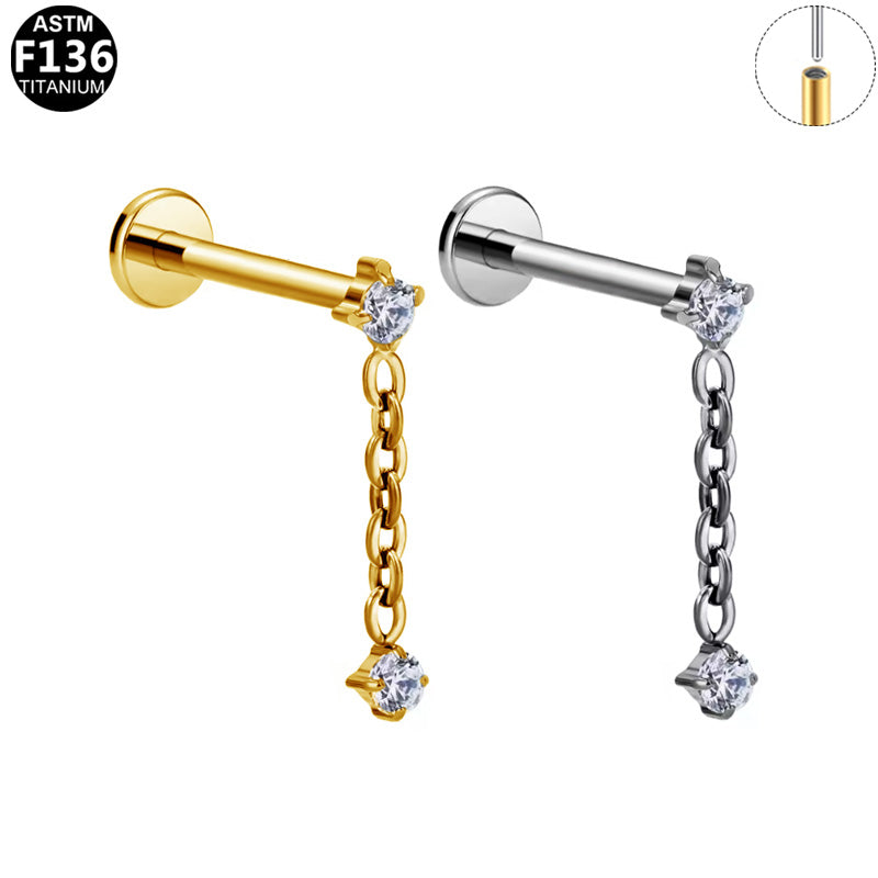 ASTM F136 Titanium 16G Double CZ Dangle Threadless Labret 16G 8mm Cartilage Tragus Hypoallergenic Piercing Jewelry