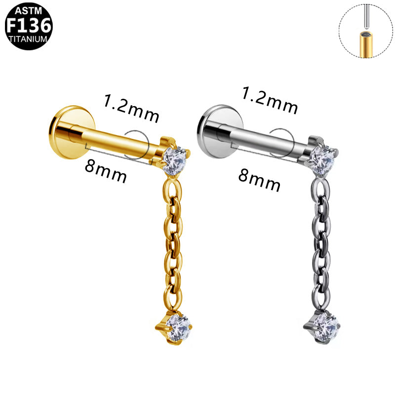 ASTM F136 Titanium 16G Double CZ Dangle Threadless Labret 16G 8mm Cartilage Tragus Hypoallergenic Piercing Jewelry
