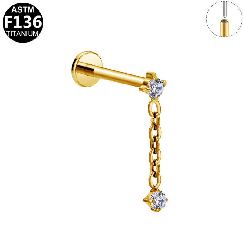 ASTM F136 Titanium 16G Double CZ Dangle Threadless Labret 16G 8mm Cartilage Tragus Hypoallergenic Piercing Jewelry