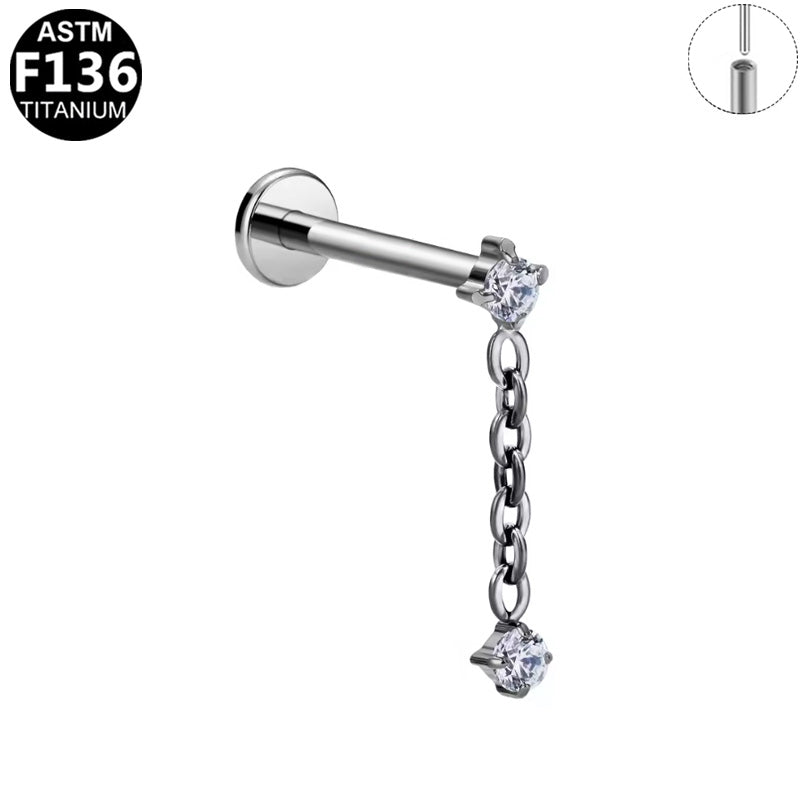 ASTM F136 Titanium 16G Double CZ Dangle Threadless Labret 16G 8mm Cartilage Tragus Hypoallergenic Piercing Jewelry