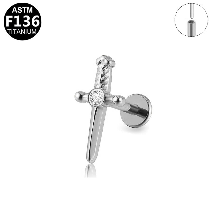 ASTM F136 Titanium 16G Twisted Sword CZ Threadless Labret 16G Cartilage Tragus Helix Hypoallergenic Piercing Jewelry