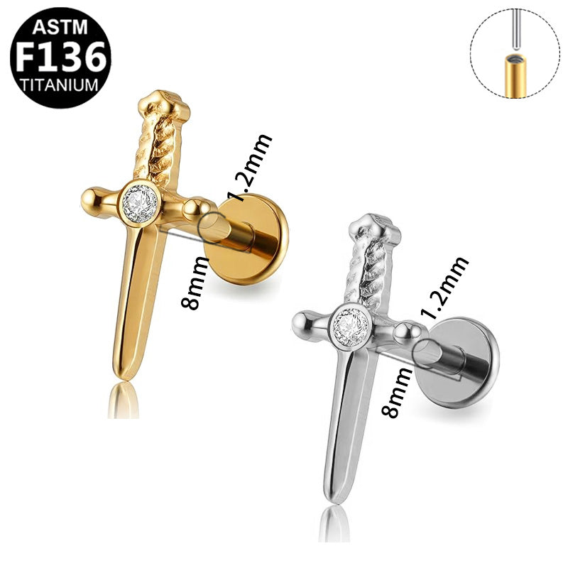 ASTM F136 Titanium 16G Twisted Sword CZ Threadless Labret 16G Cartilage Tragus Helix Hypoallergenic Piercing Jewelry
