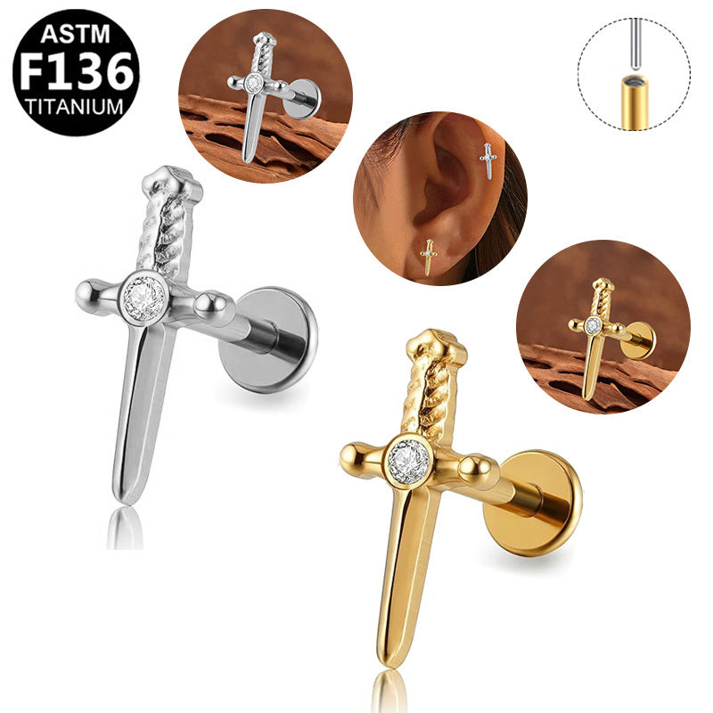 ASTM F136 Titanium 16G Twisted Sword CZ Threadless Labret 16G Cartilage Tragus Helix Hypoallergenic Piercing Jewelry