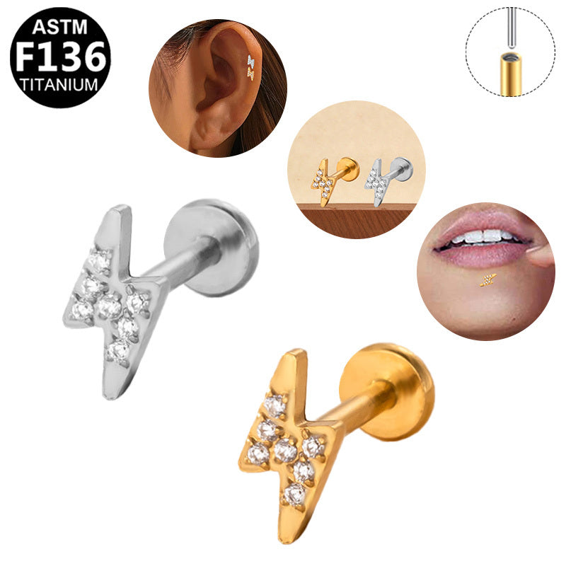 ASTM F136 Titanium 16G Bolt Paved CZ Threadless Labret 16G/18G Cartilage Tragus Lip Hypoallergenic Piercing Jewelry