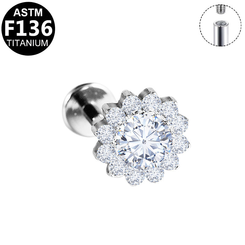 ASTM F136 Titanium 16G Halo Sunflower Paved CZ Internal Thread Labret Hypoallergenic Piercing Jewelry