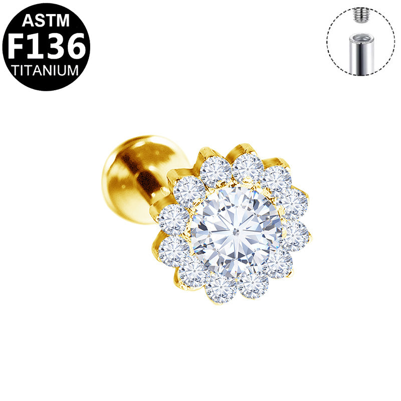ASTM F136 Titanium 16G Halo Sunflower Paved CZ Internal Thread Labret Hypoallergenic Piercing Jewelry