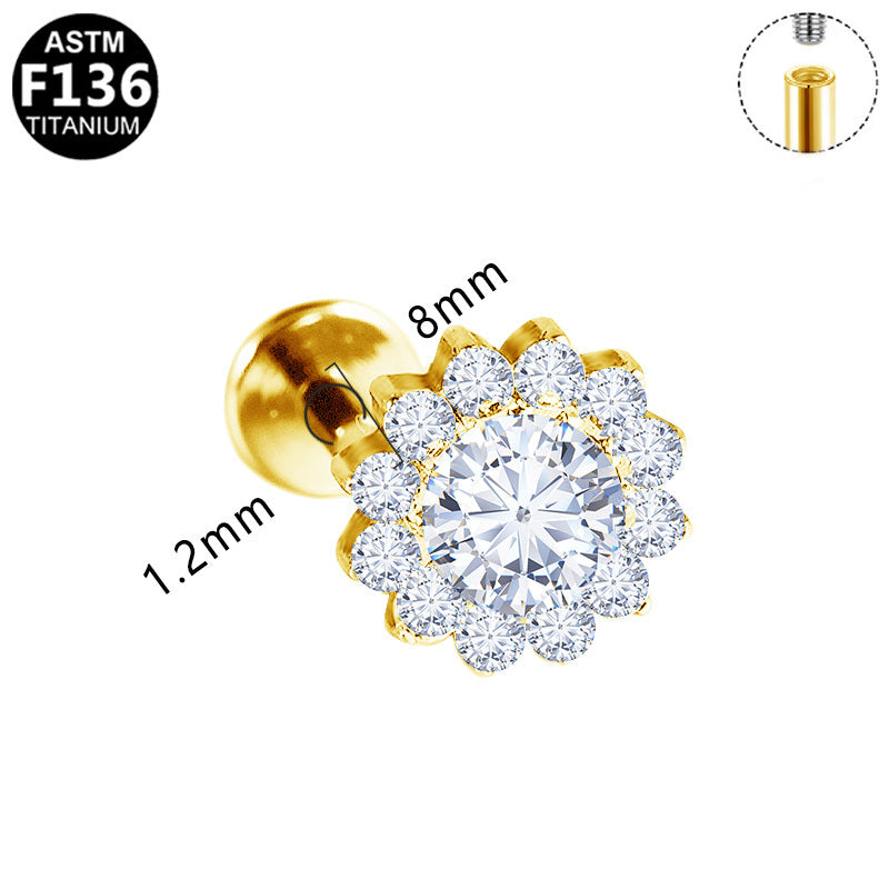 ASTM F136 Titanium 16G Halo Sunflower Paved CZ Internal Thread Labret Hypoallergenic Piercing Jewelry