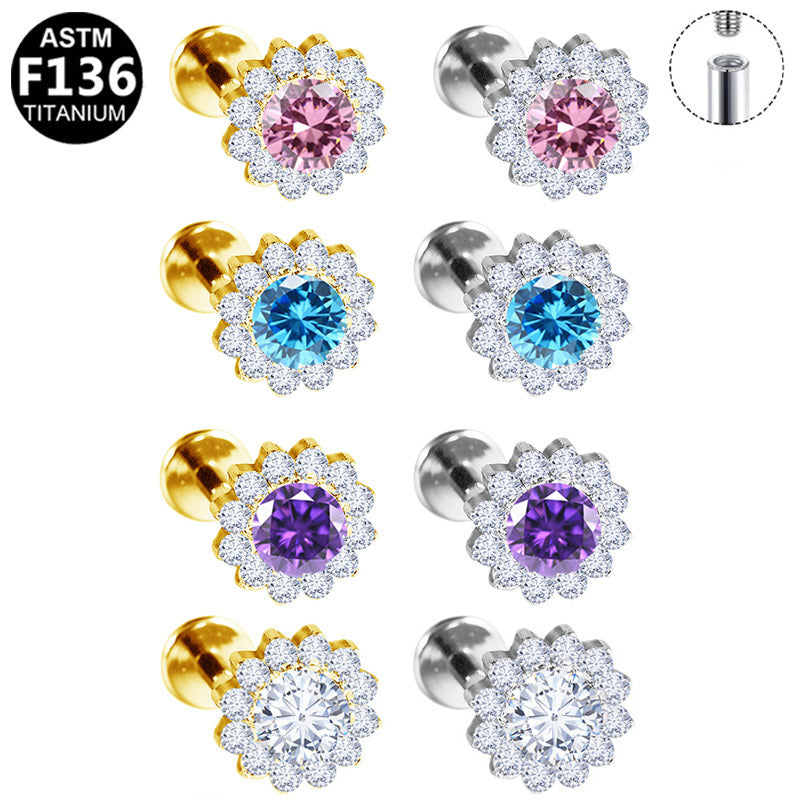 ASTM F136 Titanium 16G Halo Sunflower Paved CZ Internal Thread Labret Hypoallergenic Piercing Jewelry