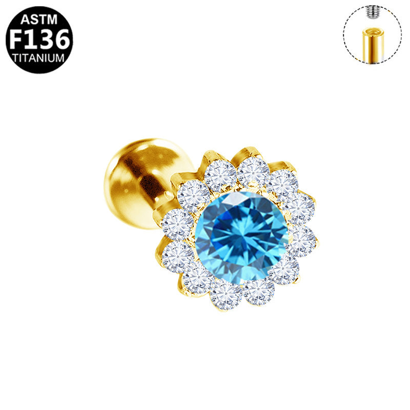ASTM F136 Titanium 16G Halo Sunflower Paved CZ Internal Thread Labret Hypoallergenic Piercing Jewelry