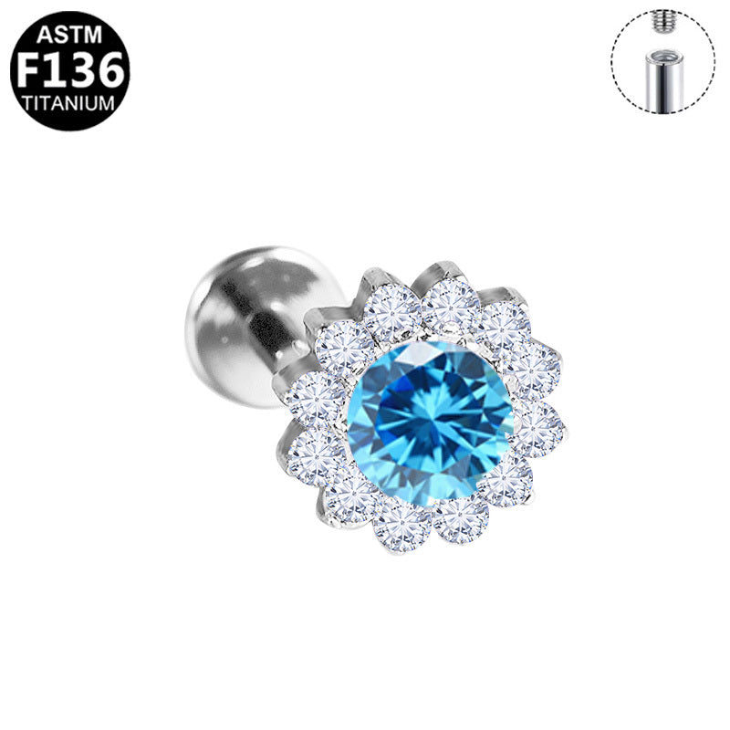 ASTM F136 Titanium 16G Halo Sunflower Paved CZ Internal Thread Labret Hypoallergenic Piercing Jewelry