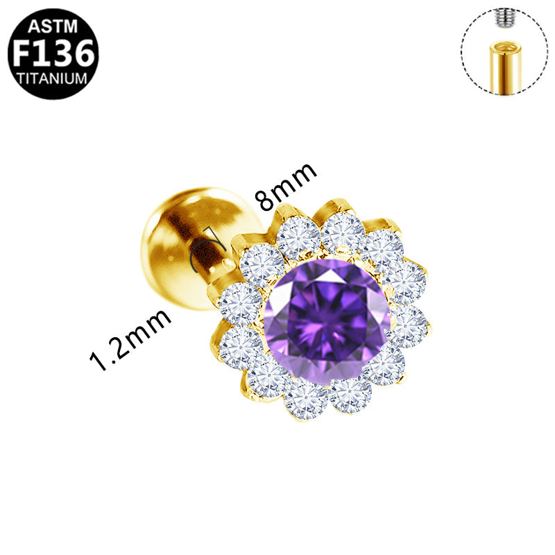ASTM F136 Titanium 16G Internal Thread Labret Stud Purple Center CZ Halo Sunflower Hypoallergenic Piercing Jewelry