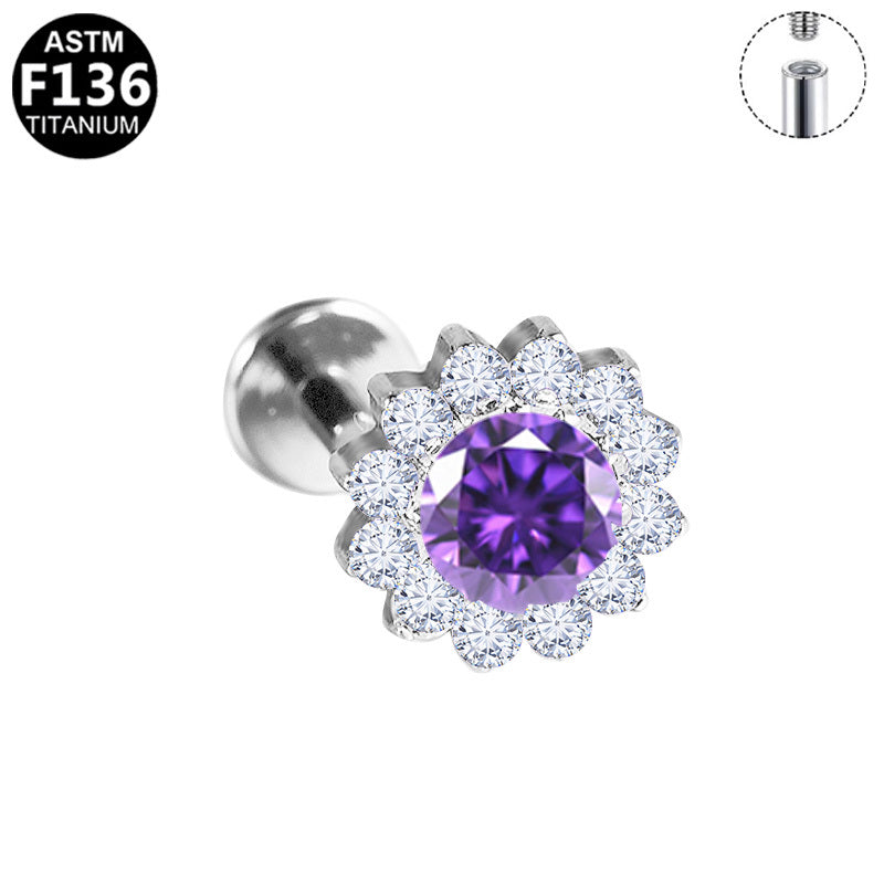 ASTM F136 Titanium 16G Internal Thread Labret Stud Purple Center CZ Halo Sunflower Hypoallergenic Piercing Jewelry