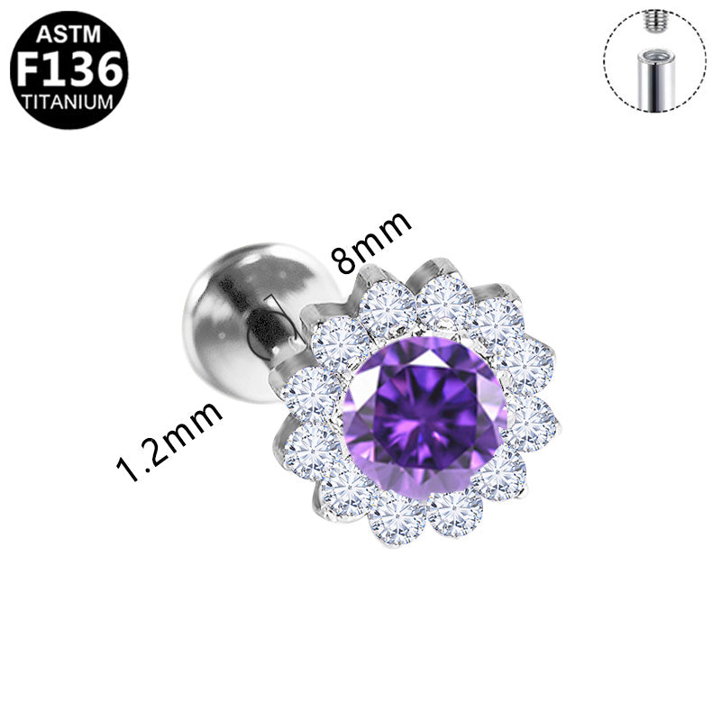 ASTM F136 Titanium 16G Internal Thread Labret Stud Purple Center CZ Halo Sunflower Hypoallergenic Piercing Jewelry