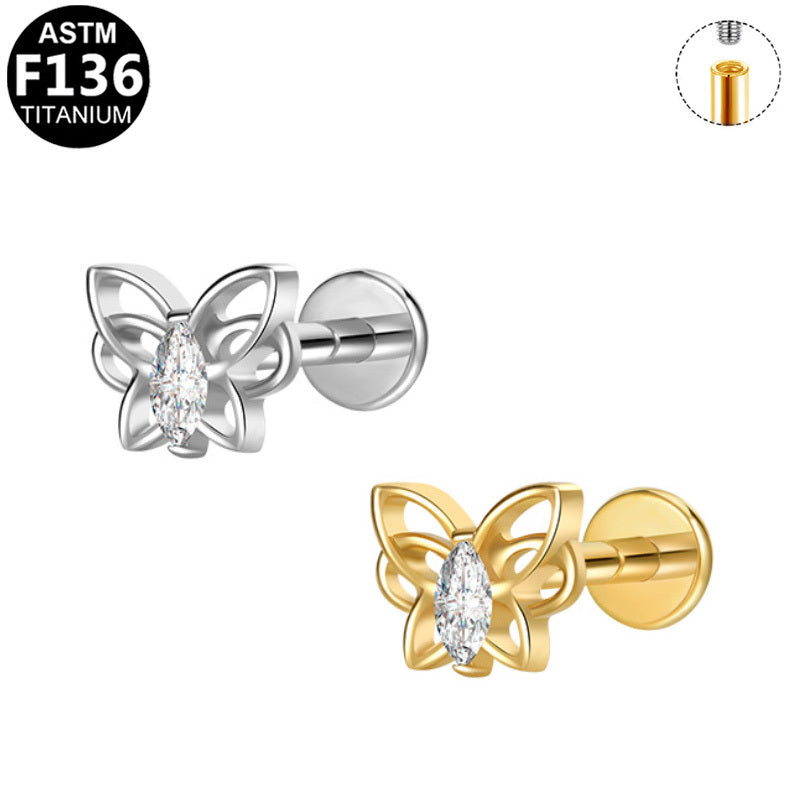 ASTM F136 Titanium 16G Internal Thread Labret Stud Open Cut Butterfly Marquise CZ Helix Cartilage Hypoallergenic Piercing Jewelry