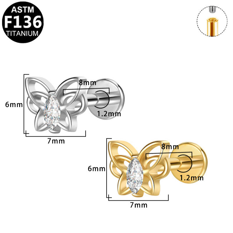 ASTM F136 Titanium 16G Internal Thread Labret Stud Open Cut Butterfly Marquise CZ Helix Cartilage Hypoallergenic Piercing Jewelry