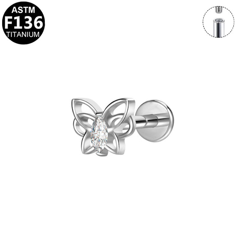 ASTM F136 Titanium 16G Internal Thread Labret Stud Open Cut Butterfly Marquise CZ Helix Cartilage Hypoallergenic Piercing Jewelry