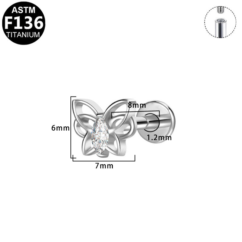 ASTM F136 Titanium 16G Internal Thread Labret Stud Open Cut Butterfly Marquise CZ Helix Cartilage Hypoallergenic Piercing Jewelry