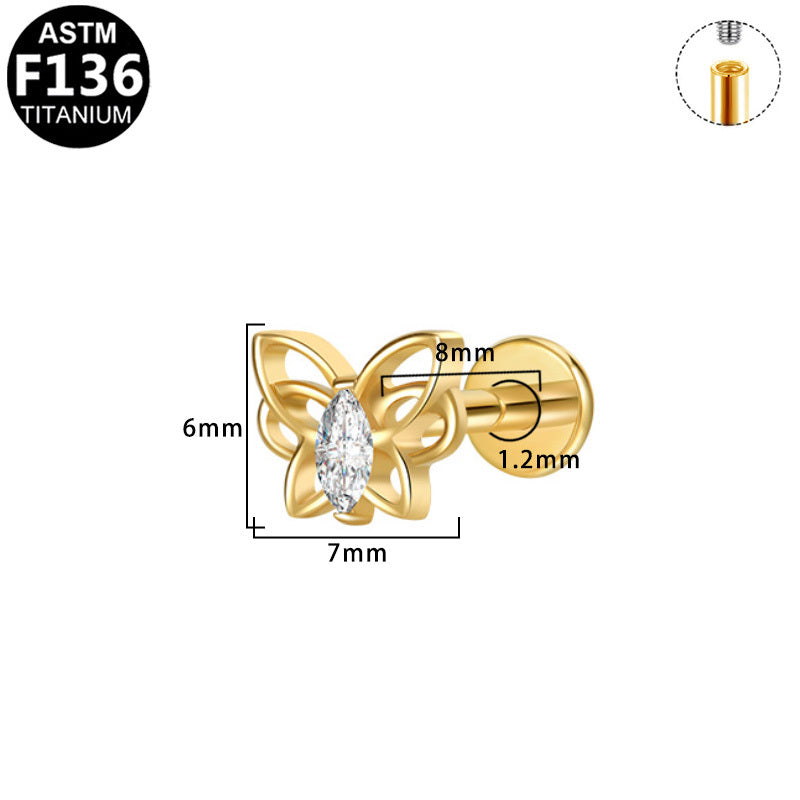 ASTM F136 Titanium 16G Internal Thread Labret Stud Open Cut Butterfly Marquise CZ Helix Cartilage Hypoallergenic Piercing Jewelry