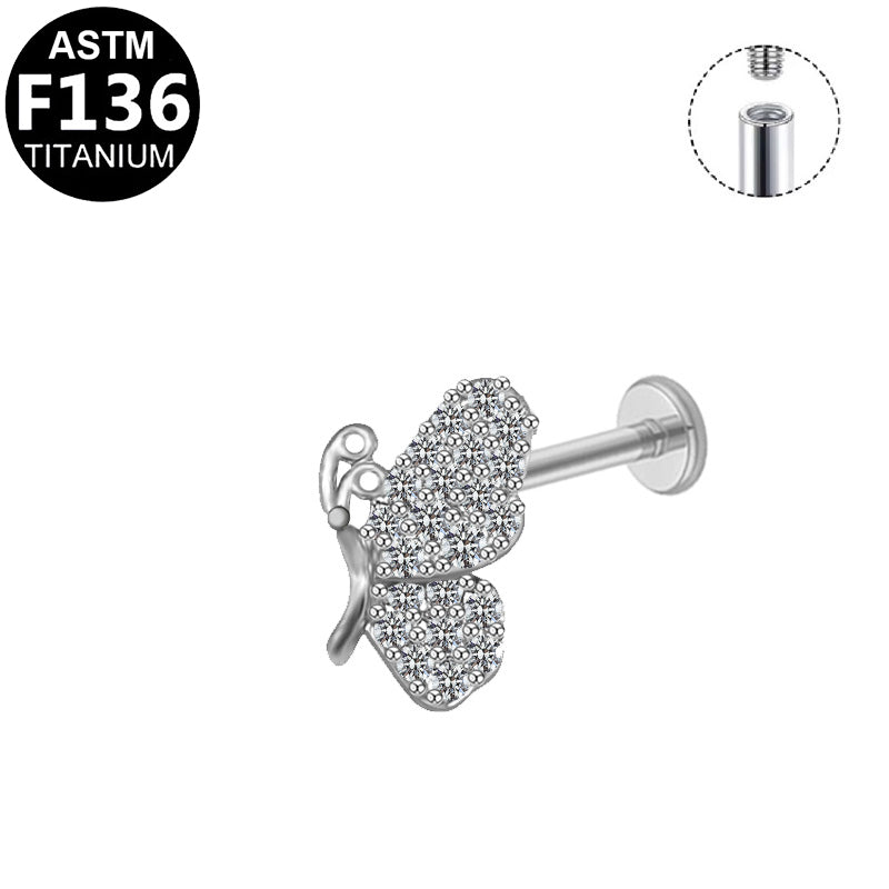 ASTM F136 Titanium 16G Internal Thread Labret Stud Full Paved CZ Butterfly Helix Cartilage Hypoallergenic Piercing Jewelry