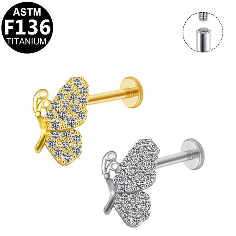 ASTM F136 Titanium 16G Internal Thread Labret Stud Full Paved CZ Butterfly Helix Cartilage Hypoallergenic Piercing Jewelry