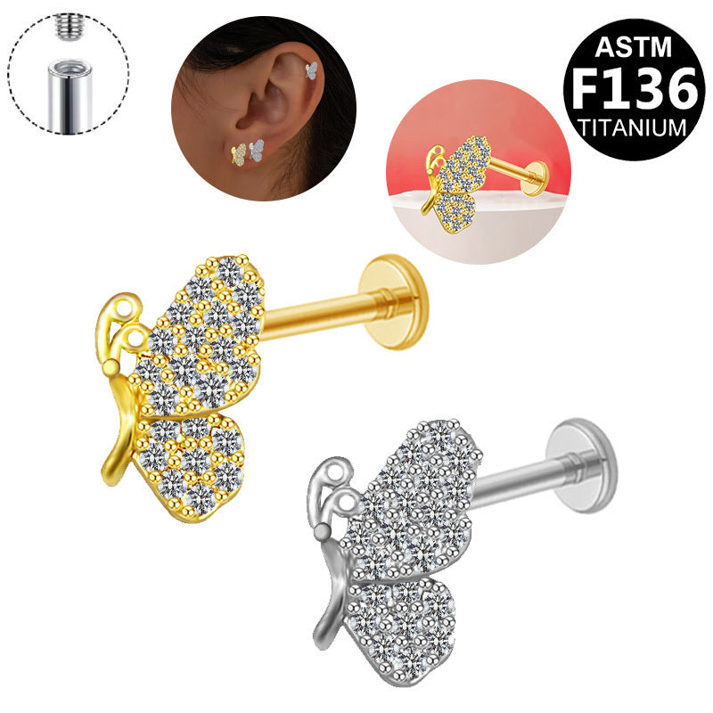 ASTM F136 Titanium 16G Internal Thread Labret Stud Full Paved CZ Butterfly Helix Cartilage Hypoallergenic Piercing Jewelry