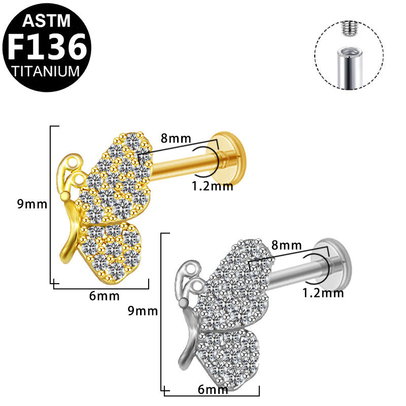 ASTM F136 Titanium 16G Internal Thread Labret Stud Full Paved CZ Butterfly Helix Cartilage Hypoallergenic Piercing Jewelry