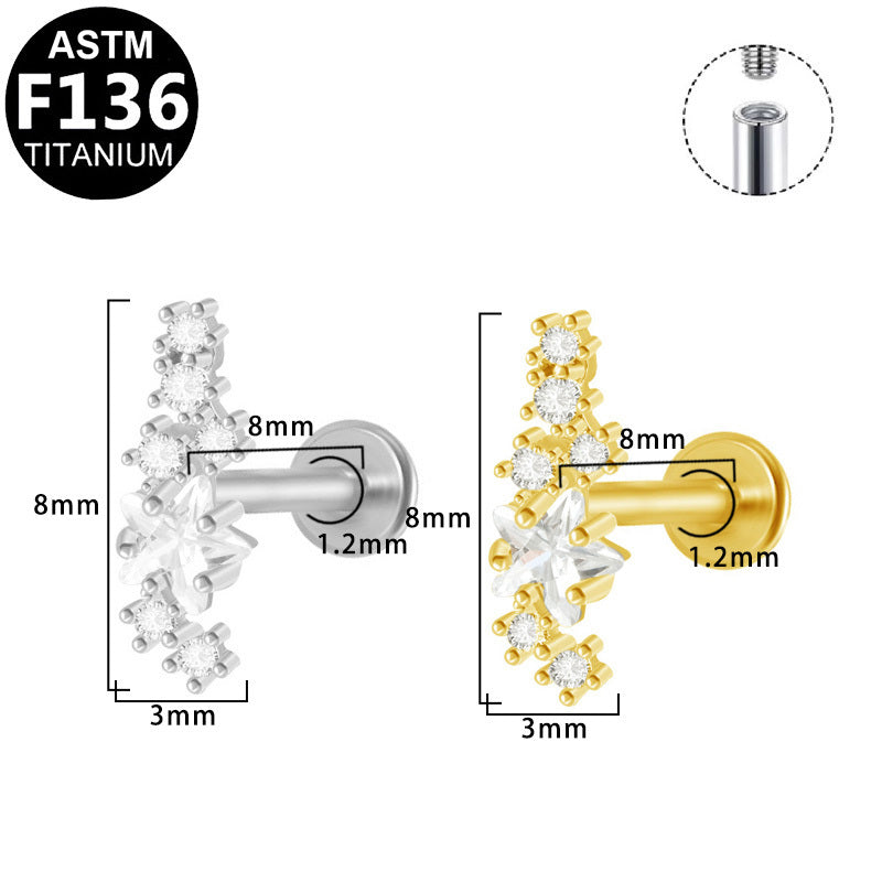 ASTM F136 Titanium 16G Internal Thread Labret Stud Curved Gradient Star CZ Helix Cartilage Hypoallergenic Piercing Jewelry