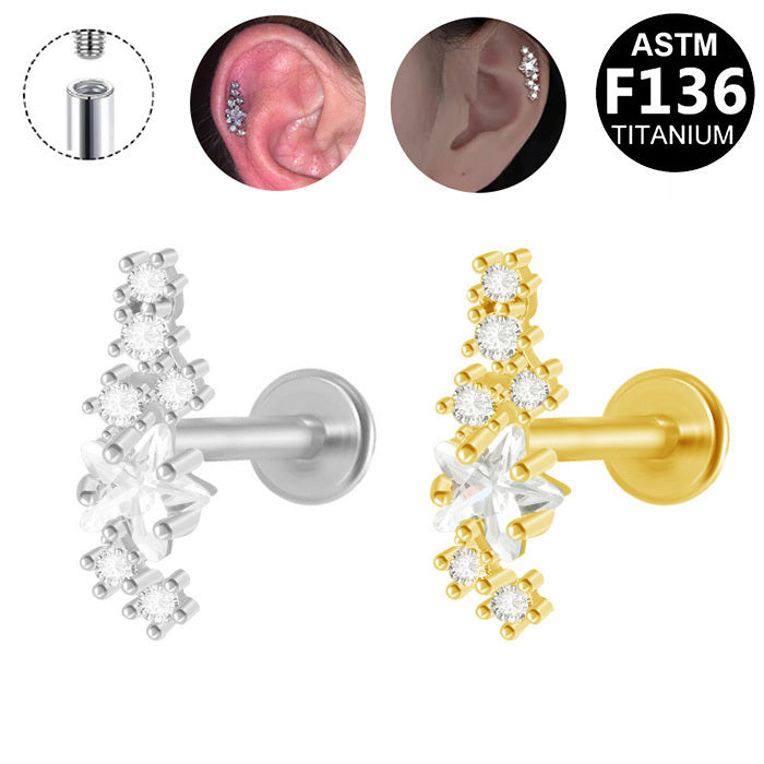 ASTM F136 Titanium 16G Internal Thread Labret Stud Curved Gradient Star CZ Helix Cartilage Hypoallergenic Piercing Jewelry