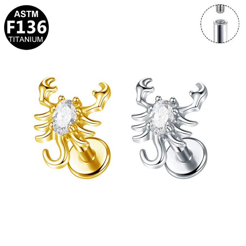 ASTM F136 Titanium 16G Internal Thread Flat Base Labret Stud Marquise CZ Scorpion Helix Cartilage Hypoallergenic Piercing Jewelry