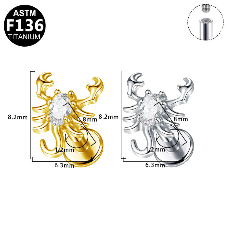 ASTM F136 Titanium 16G Internal Thread Flat Base Labret Stud Marquise CZ Scorpion Helix Cartilage Hypoallergenic Piercing Jewelry
