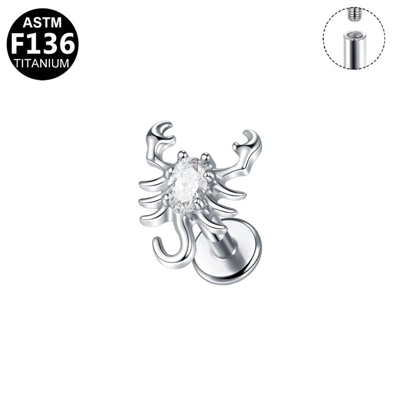 ASTM F136 Titanium 16G Internal Thread Flat Base Labret Stud Marquise CZ Scorpion Helix Cartilage Hypoallergenic Piercing Jewelry