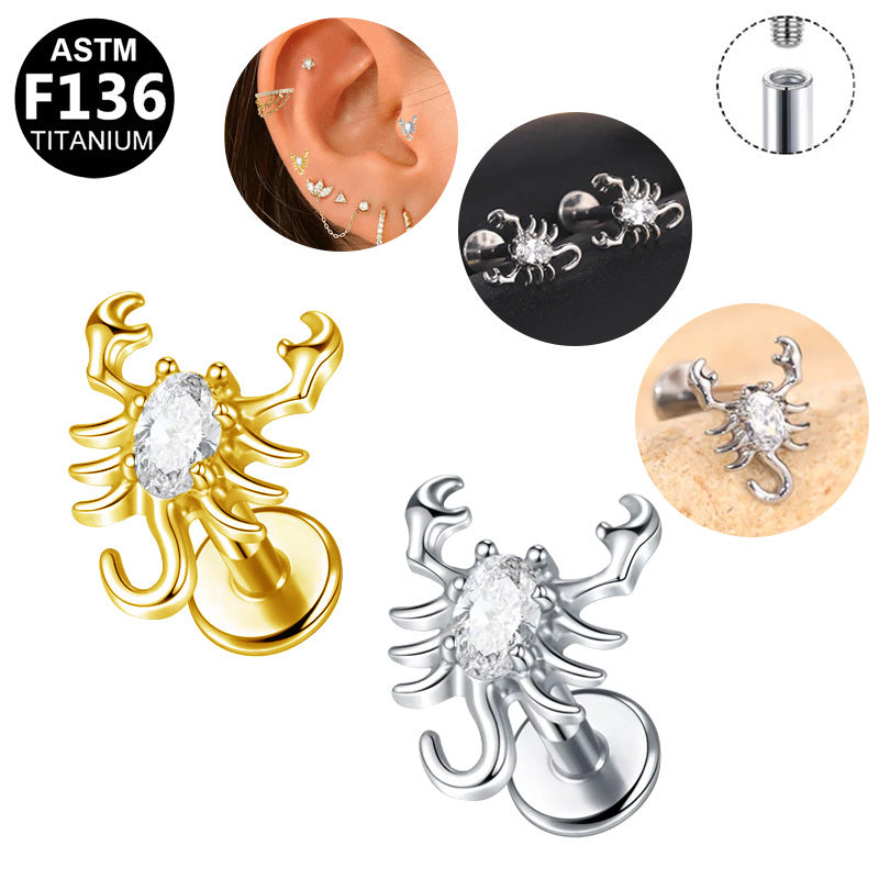 ASTM F136 Titanium 16G Internal Thread Flat Base Labret Stud Marquise CZ Scorpion Helix Cartilage Hypoallergenic Piercing Jewelry