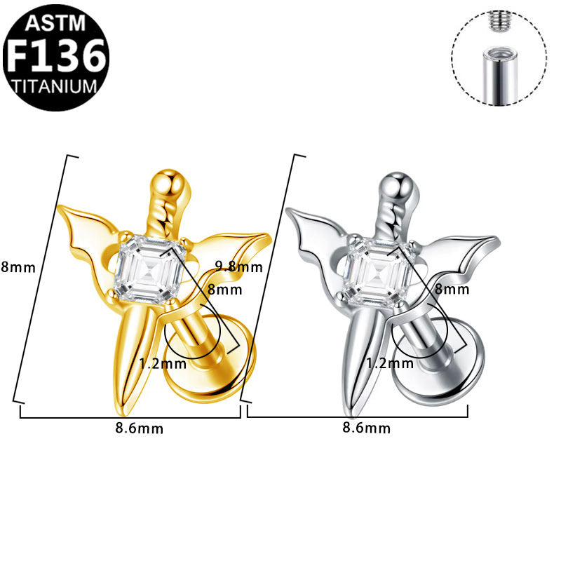 ASTM F136 Titanium 16G Internal Thread Labret Stud Square CZ Bat Sword Helix Cartilage Hypoallergenic Piercing Jewelry