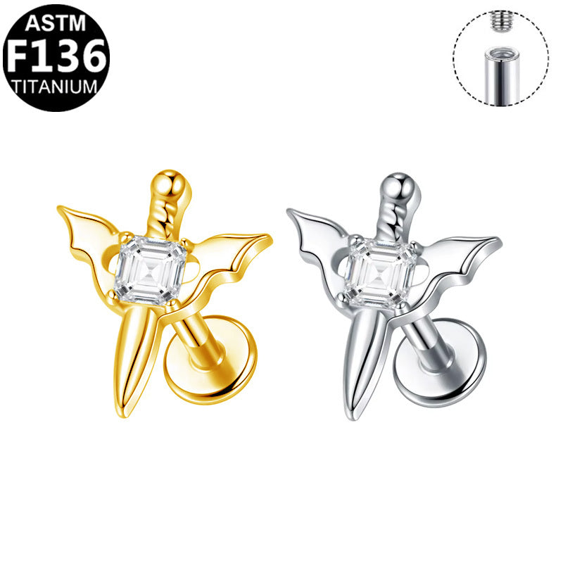 ASTM F136 Titanium 16G Internal Thread Labret Stud Square CZ Bat Sword Helix Cartilage Hypoallergenic Piercing Jewelry