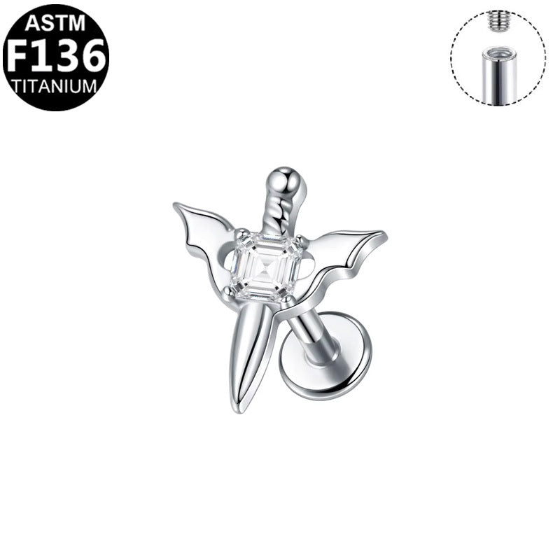 ASTM F136 Titanium 16G Internal Thread Labret Stud Square CZ Bat Sword Helix Cartilage Hypoallergenic Piercing Jewelry