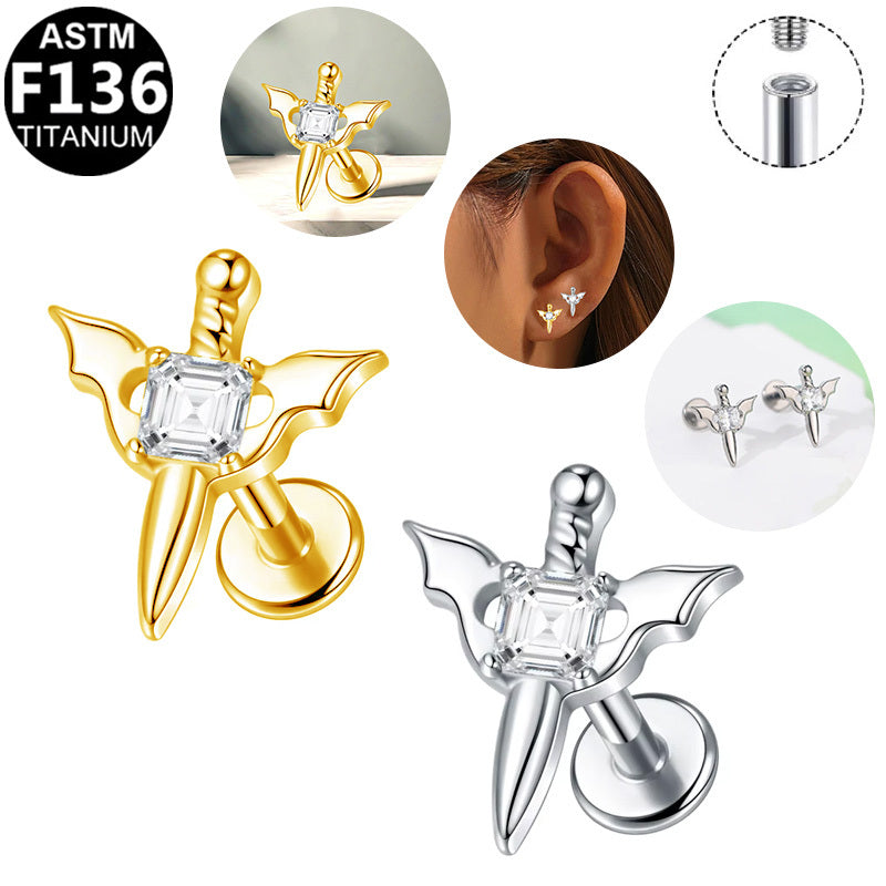 ASTM F136 Titanium 16G Internal Thread Labret Stud Square CZ Bat Sword Helix Cartilage Hypoallergenic Piercing Jewelry