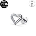 ASTM F136 Titanium 16G Internal Thread Labret Stud Hollow Heart Paved CZ Helix Cartilage Hypoallergenic Piercing Jewelry