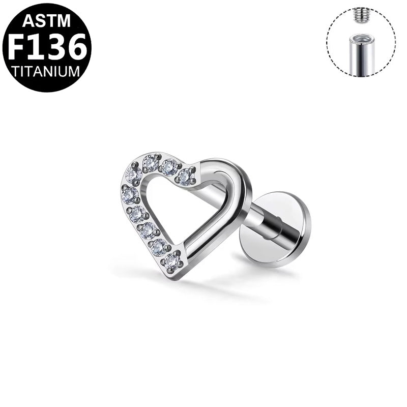 ASTM F136 Titanium 16G Internal Thread Labret Stud Hollow Heart Paved CZ Helix Cartilage Hypoallergenic Piercing Jewelry