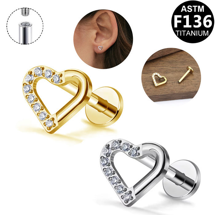 ASTM F136 Titanium 16G Internal Thread Labret Stud Hollow Heart Paved CZ Helix Cartilage Hypoallergenic Piercing Jewelry