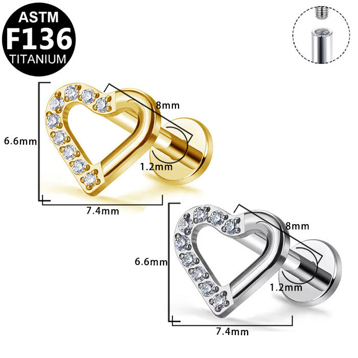 ASTM F136 Titanium 16G Internal Thread Labret Stud Hollow Heart Paved CZ Helix Cartilage Hypoallergenic Piercing Jewelry