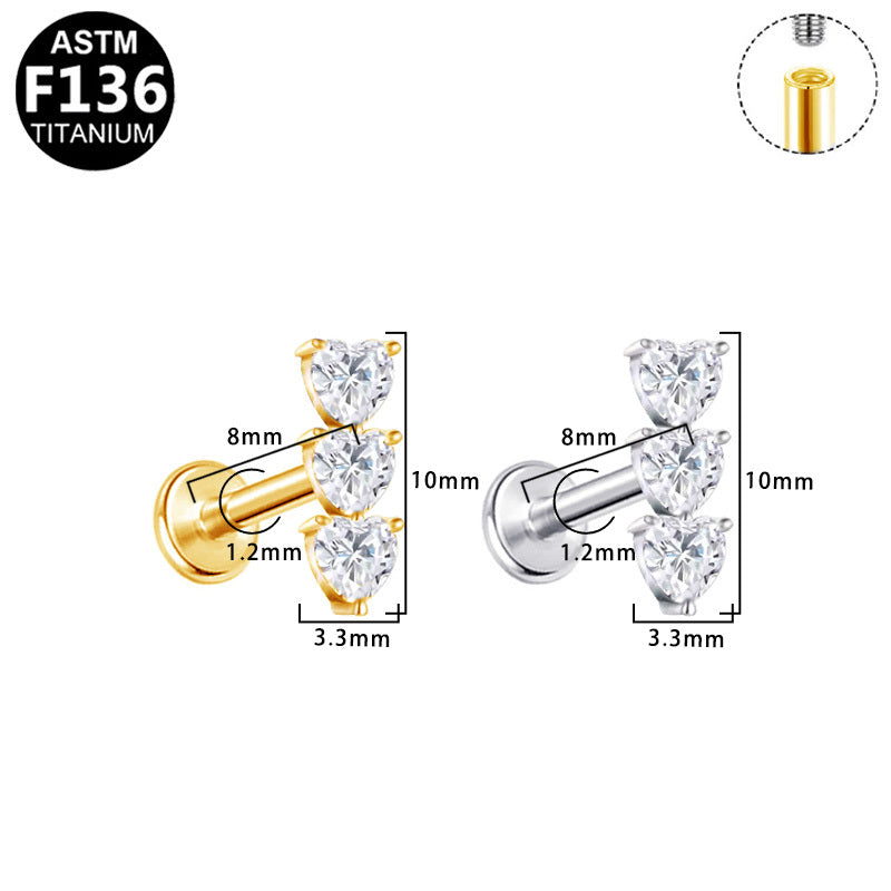 ASTM F136 Titanium 16G Internal Thread Labret Stud Triple Heart CZ Vertical Stack Helix Cartilage Hypoallergenic Piercing Jewelry