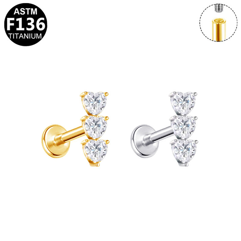 ASTM F136 Titanium 16G Internal Thread Labret Stud Triple Heart CZ Vertical Stack Helix Cartilage Hypoallergenic Piercing Jewelry