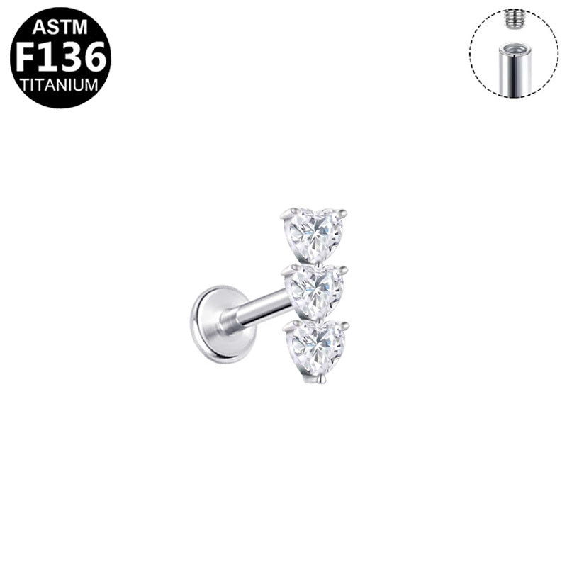 ASTM F136 Titanium 16G Internal Thread Labret Stud Triple Heart CZ Vertical Stack Helix Cartilage Hypoallergenic Piercing Jewelry