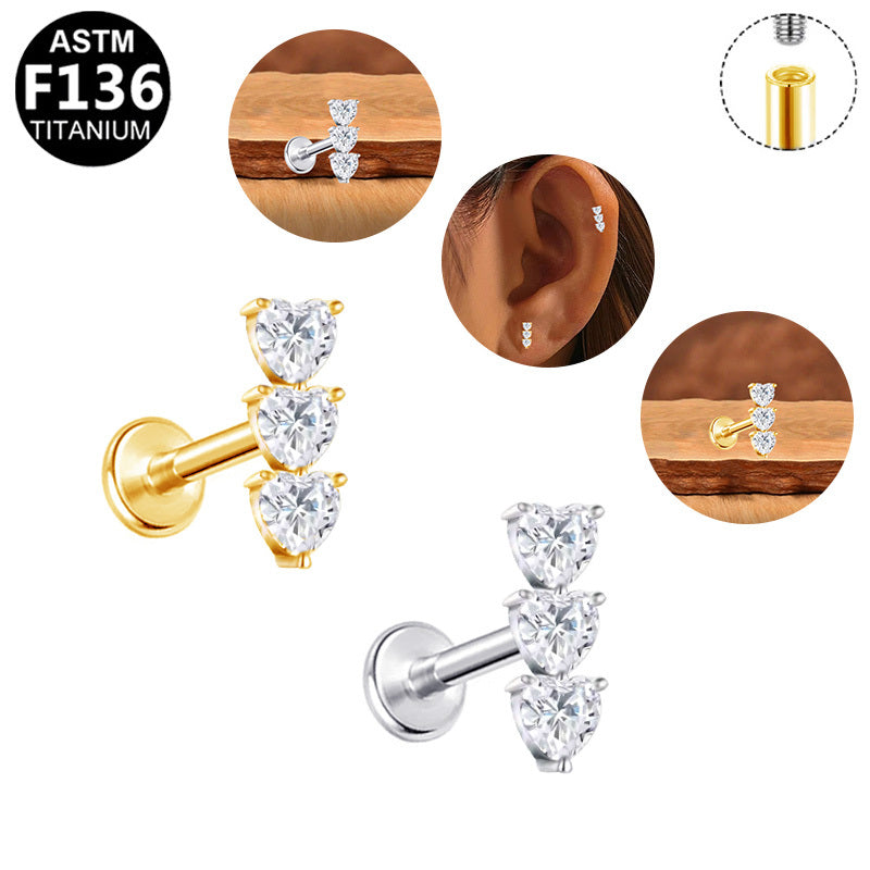 ASTM F136 Titanium 16G Internal Thread Labret Stud Triple Heart CZ Vertical Stack Helix Cartilage Hypoallergenic Piercing Jewelry